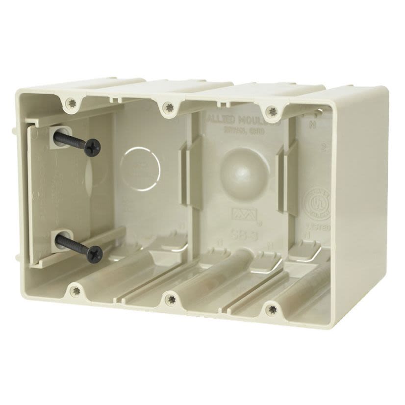 Allied Moulded SLIDERBOX SB-3 Adjustable Non-Conductive Non-Metallic Switch/Receptacle Box, Polycarbonate, 61 cu-in Capacity, 3 Gangs, 6 Outlets, 2 Knockouts, 3-3/4 in H x 5-13/16 in W x 3-9/16 in D